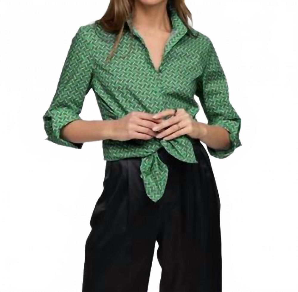 NEW HINSON WU zoey 3/4 sleeve chain link shirt in green combo